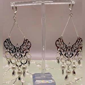 Silver Tone Chain Filigree Chandelier Earrings with Faux Pearl Dangles